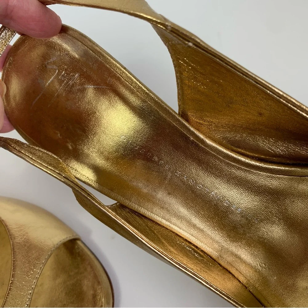 Giuseppe Zanotti Design Gold Leather slingback peeptoe heels EU size 39.5 US 9.5 - Picture 11 of 15